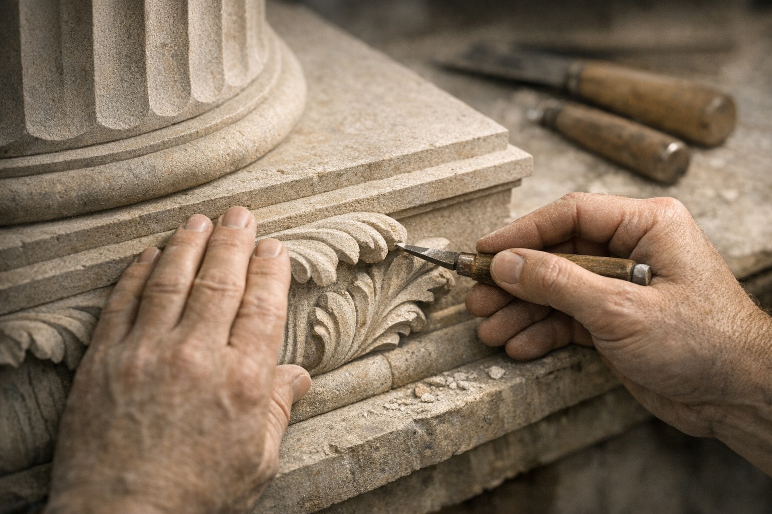 Stonemason hands shaping a capital.